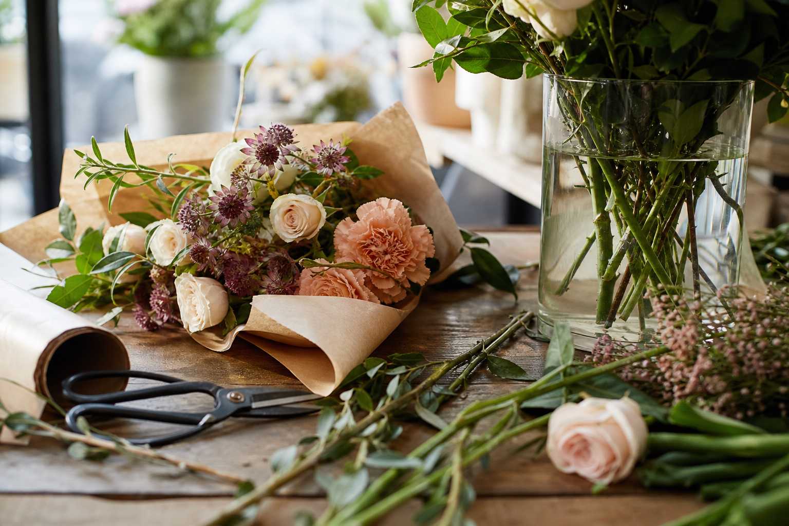 Florist preparing stems